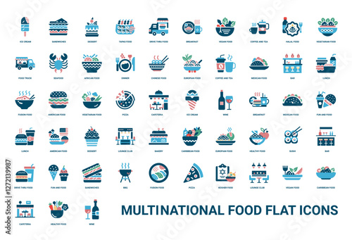 multi national food set flat icons, mouthwatering appetizing yummy savory