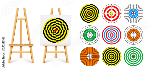 Shooting range target on a wooden easel stand. Paper target with divisions, marks and numbers. Archery, gun shooting and training, sport competition, hunting. Bullseye and aim. Vector illustration