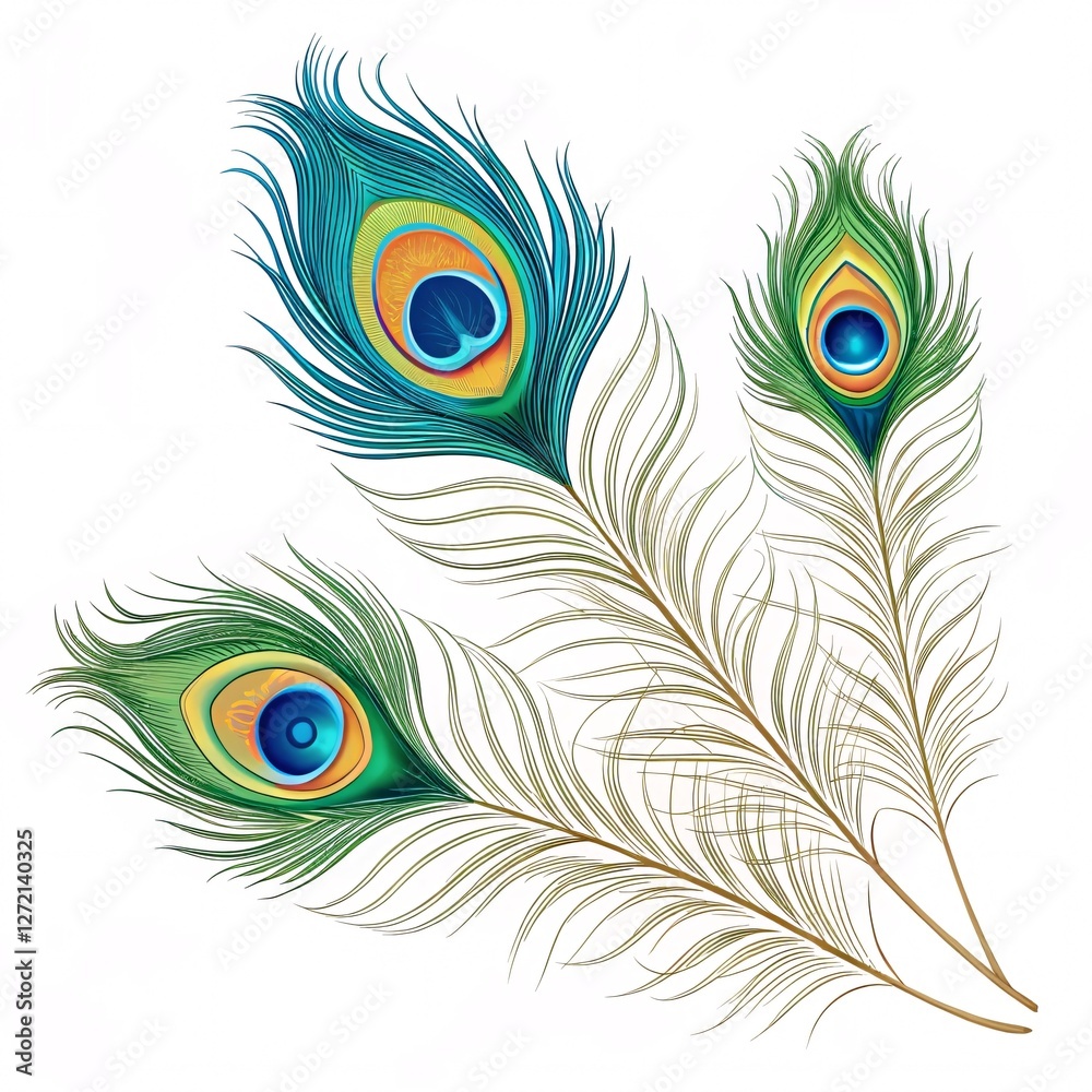 Obraz premium Elegant Hindu Invitation Featuring Peacock Feathers on a Pristine White Background for a Sacred and Graceful Celebration Design