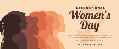 International Women's Day horizontal banner design, with diversity silhouettes flat illustration of women's heads