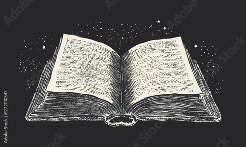 Vintage Open Book Sketch with Starry Background Engraving Style for Literary Themes