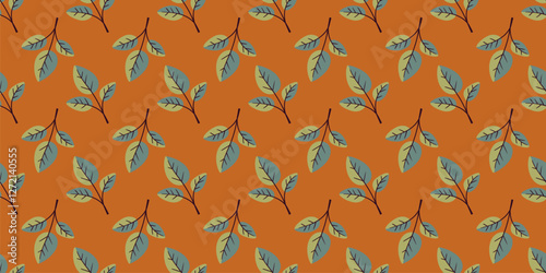 Elegant teal and gold leaf pattern on burnt orange background.  Perfect for textile design, wallpaper, or fallthemed projects.  Repeatable design evokes a sense of nature and tranquility.