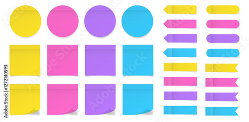 Set of square and round paper stickers. Stick in notes. Neon purple, yellow, pink and blue colors. Multicolor post it notes. Sheets of paper. Tag, sticky note. Pointed bookmarks
