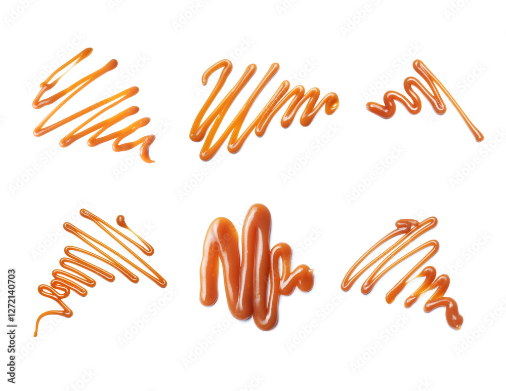 Set of various patterns drawn with caramel syrup isolated on white background Set of various patterns drawn with caramel syrup isolated on white background
