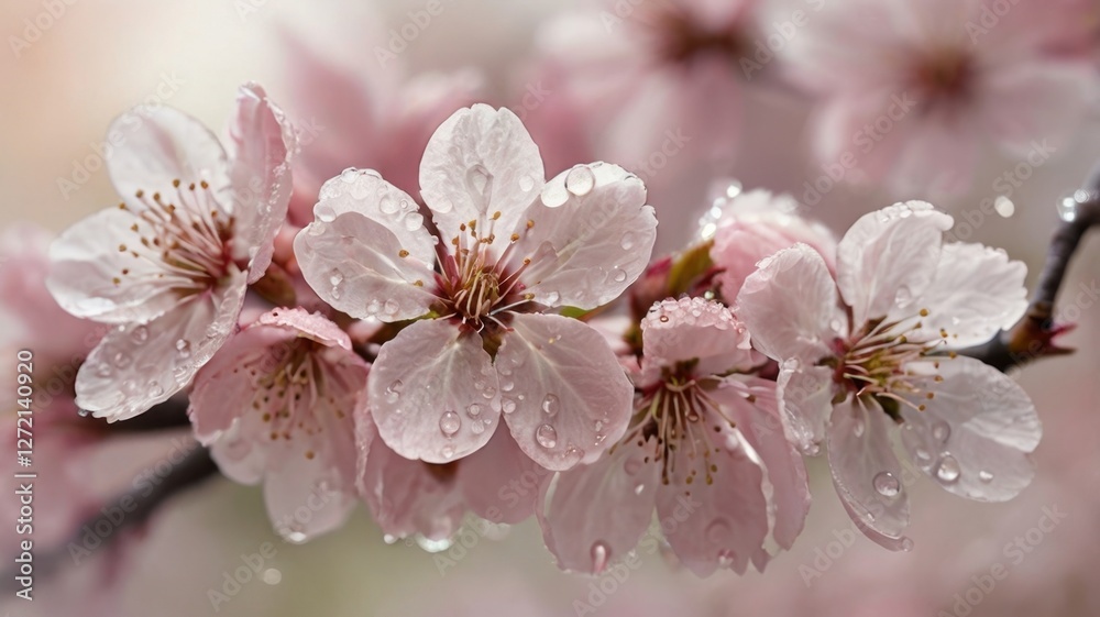 Cherry blossoms close-up, blurred background, drops dripping from cherry blossoms Cherry blossoms close-up, blurred background, drops dripping from cherry blossoms
