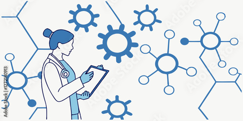 Abstract scientific design patterns for innovative research and healthcare analysis with modern technology, molecular science, data networks, and medical concepts for digital innovation and health imp