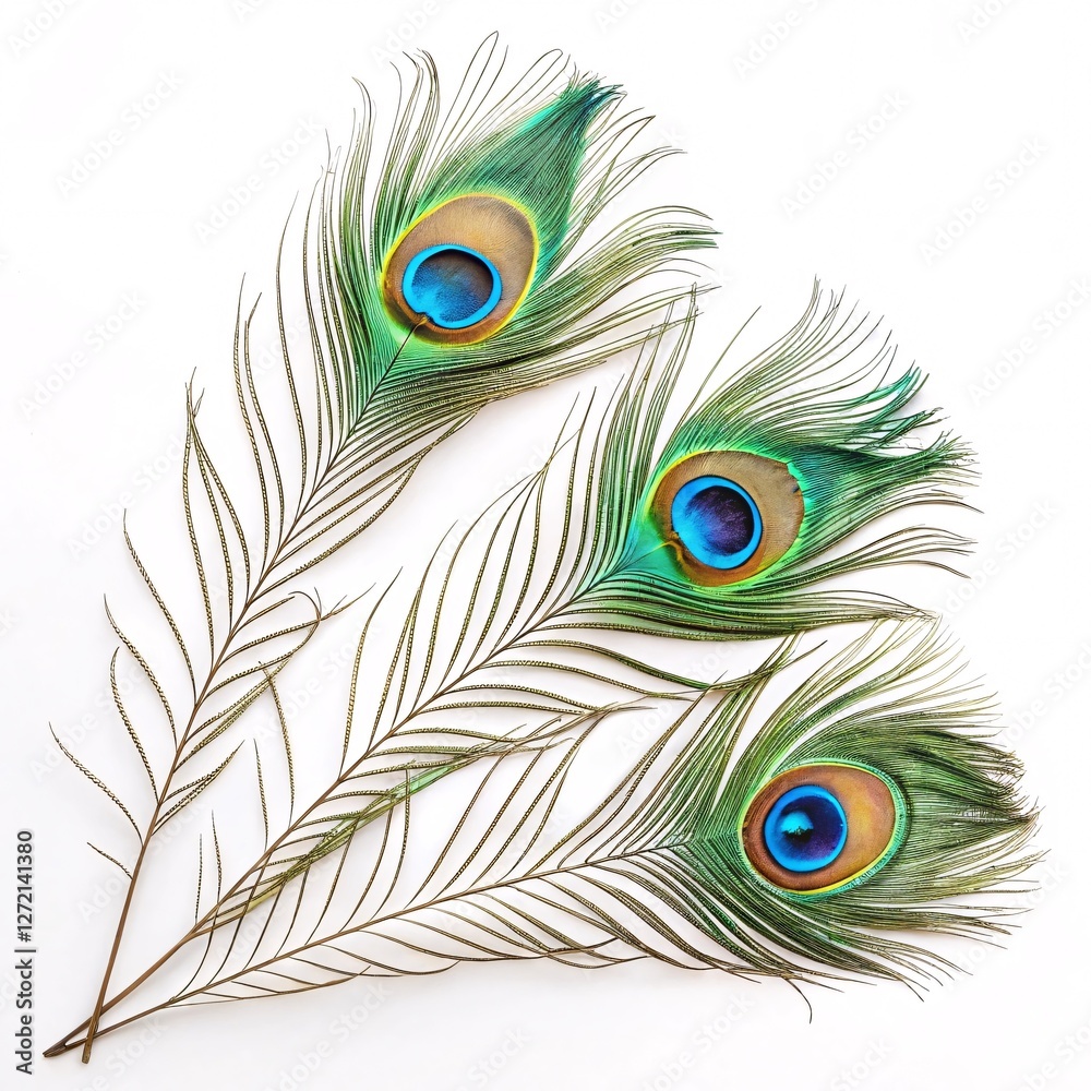 Obraz premium Elegant Hindu Invitation Featuring Peacock Feathers on a Pristine White Background for a Sacred and Graceful Celebration Design