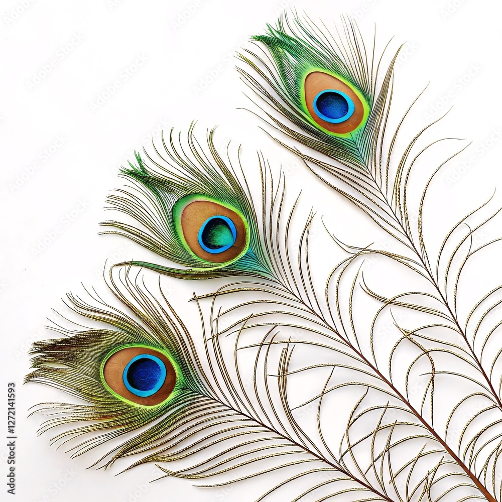 Obraz premium Elegant Hindu Invitation Featuring Peacock Feathers on a Pristine White Background for a Sacred and Graceful Celebration Design