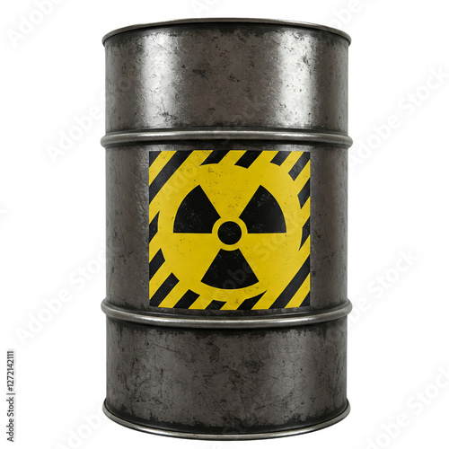 Striking image of a barrel labeled with radioactive waste, isolated on transparent background. Ideal for hazard, industrial, or environmental projects!