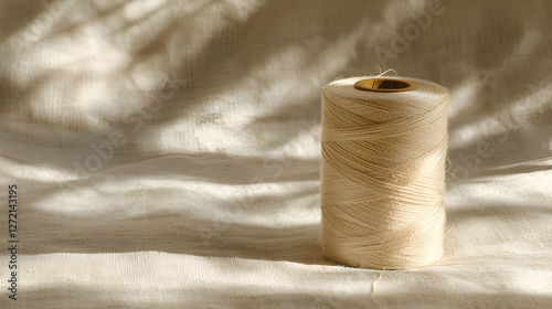 Spool of cream-colored thread on textured fabric with soft shadows creating a calm, neutral composition.