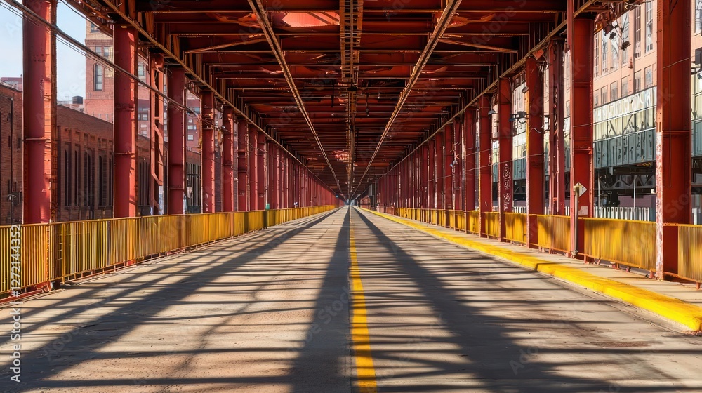 Obraz premium Red Metal Industrial Bridge with Yellow Railings Under Sunlight