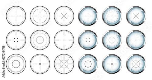 Chrome weapon sights, sniper rifle optical scopes. Hunting gun viewfinder with crosshair. Aim, shooting mark symbol. Military target sign, silhouette. Game interface UI element. Vector illustration