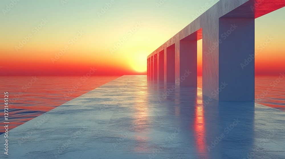 Fototapeta premium Serene Sunset Over Ocean with Modern Archway Structure