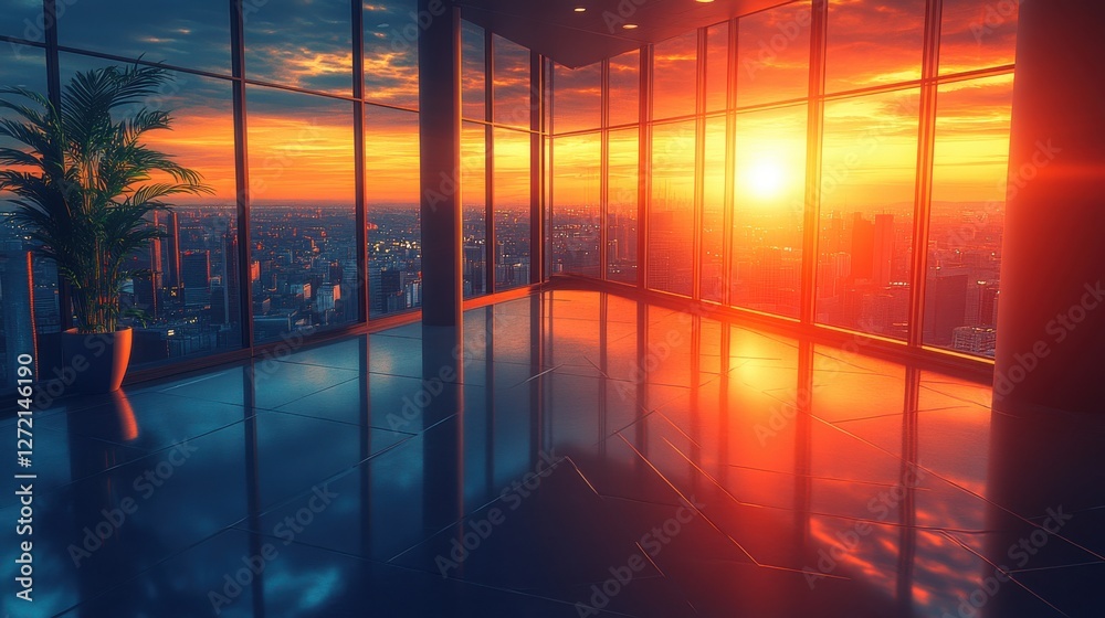 Fototapeta premium Stunning Sunset Reflection in Modern Office Space with City View