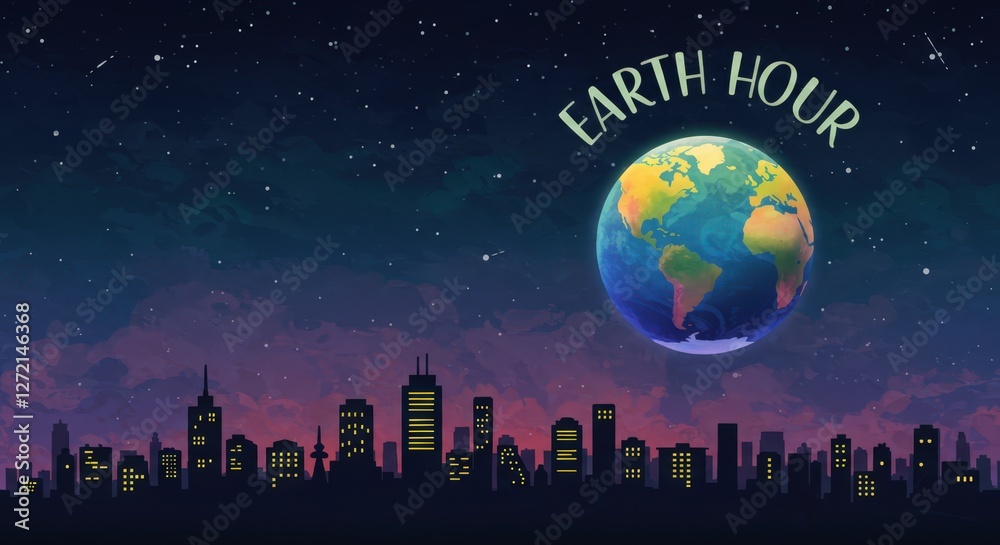 Naklejka premium Earth Hour celebration with city skyline and glowing planet Earth under starry night sky