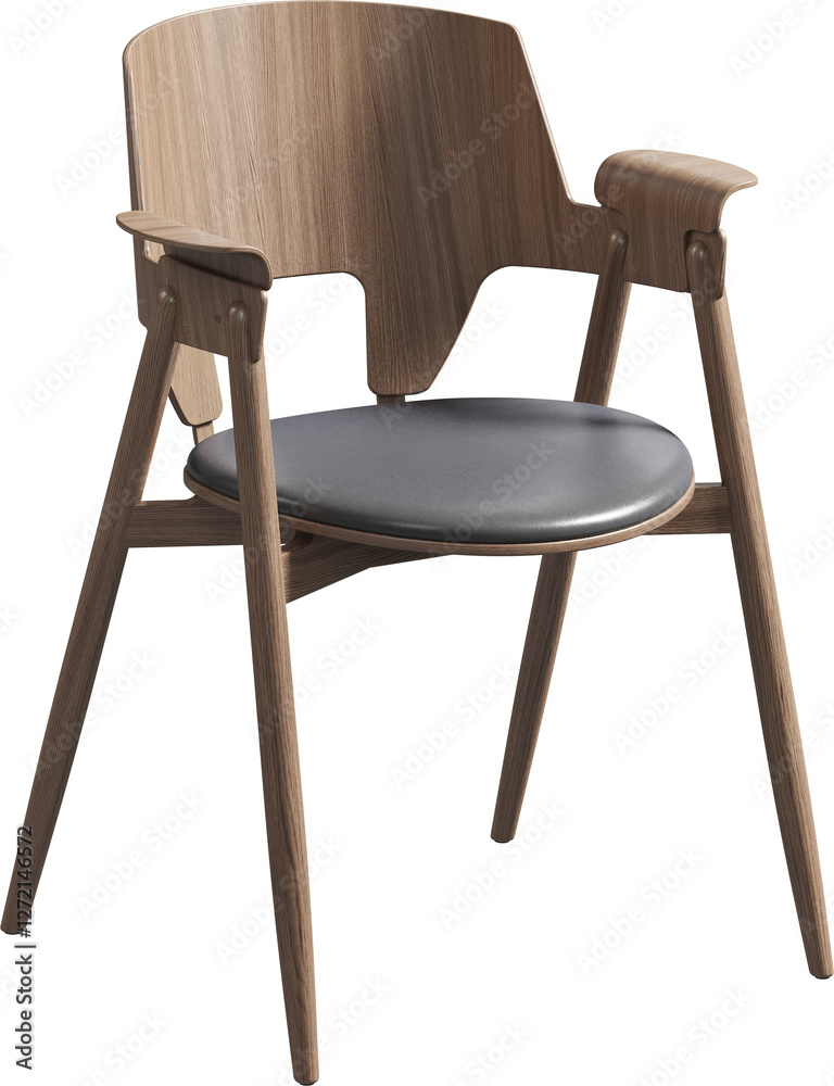 Perspective view of wooden and leather modern dining armchair Perspective view of wooden and leather modern dining armchair