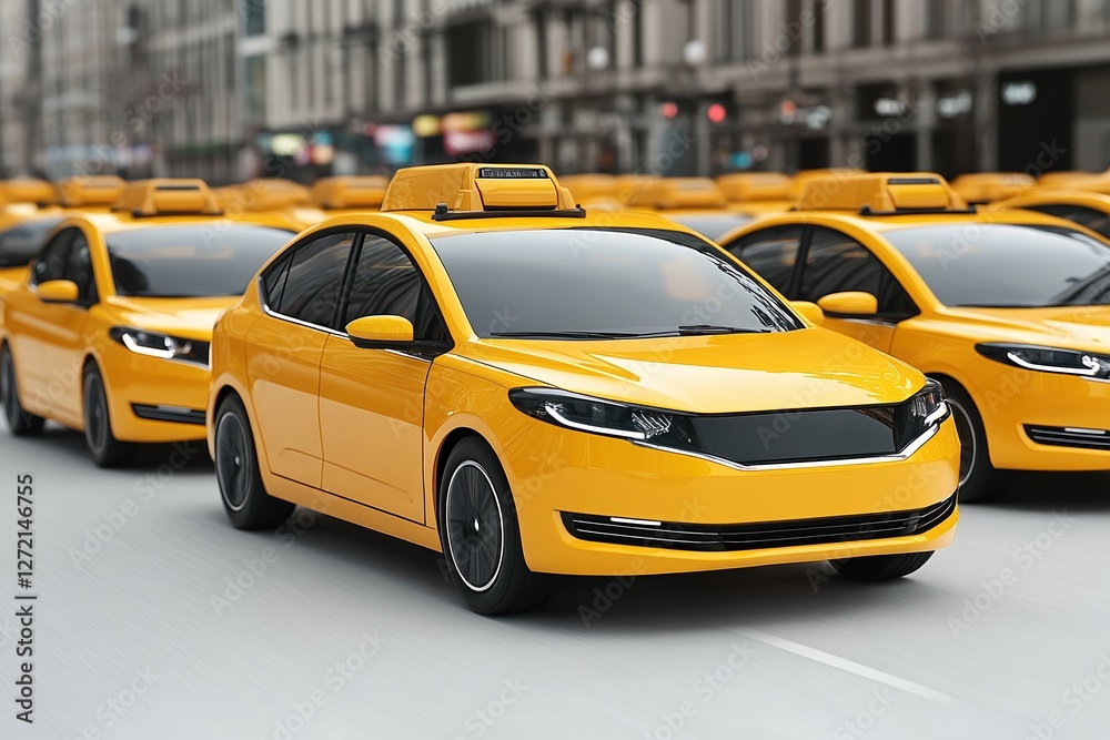 Group of yellow electric taxis lined up on a city street in bright daylight Group of yellow electric taxis lined up on a city street in bright daylight