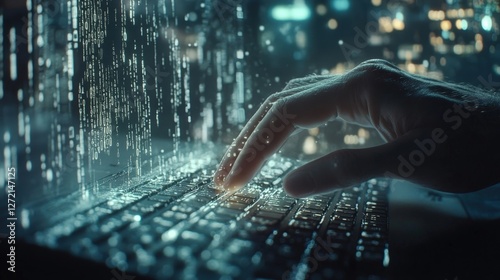 A hand poised over a sleek keyboard fingers hovering above keys as holographic data streams and binary codes project into the air hinting at the advanced technology employed in covert