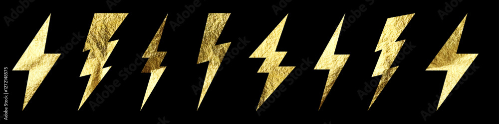 Golden lightning bolt icons collection. Gold foil texture. Flash symbol, thunderbolt. Simple lightning strike sign. Vector illustration Golden lightning bolt icons collection. Gold foil texture. Flash symbol, thunderbolt. Simple lightning strike sign. Vector illustration