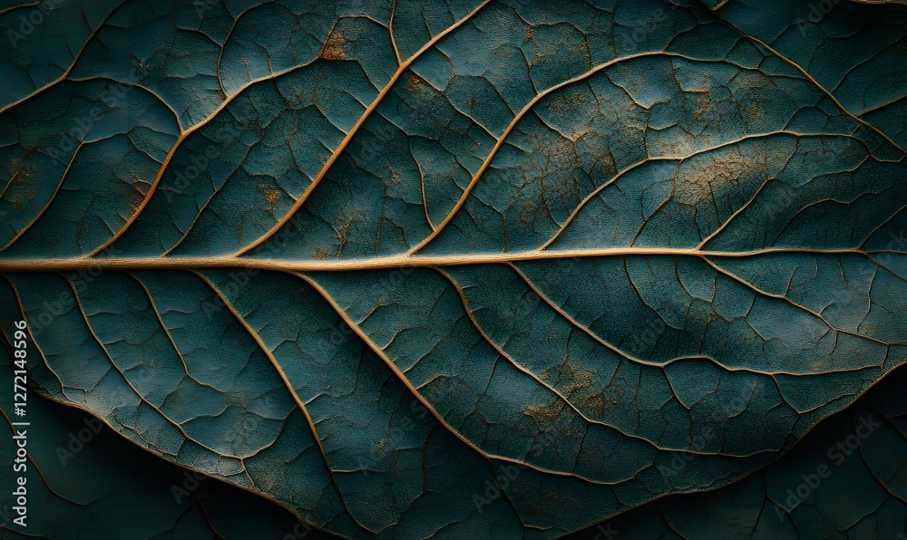 Detailed macro view of dark green leaf with intricate vein pattern and texture Detailed macro view of dark green leaf with intricate vein pattern and texture