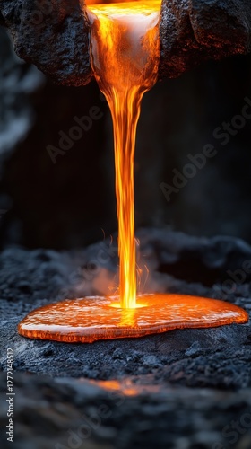 Molten metal pouring from crucible, glowing liquid steel in foundry