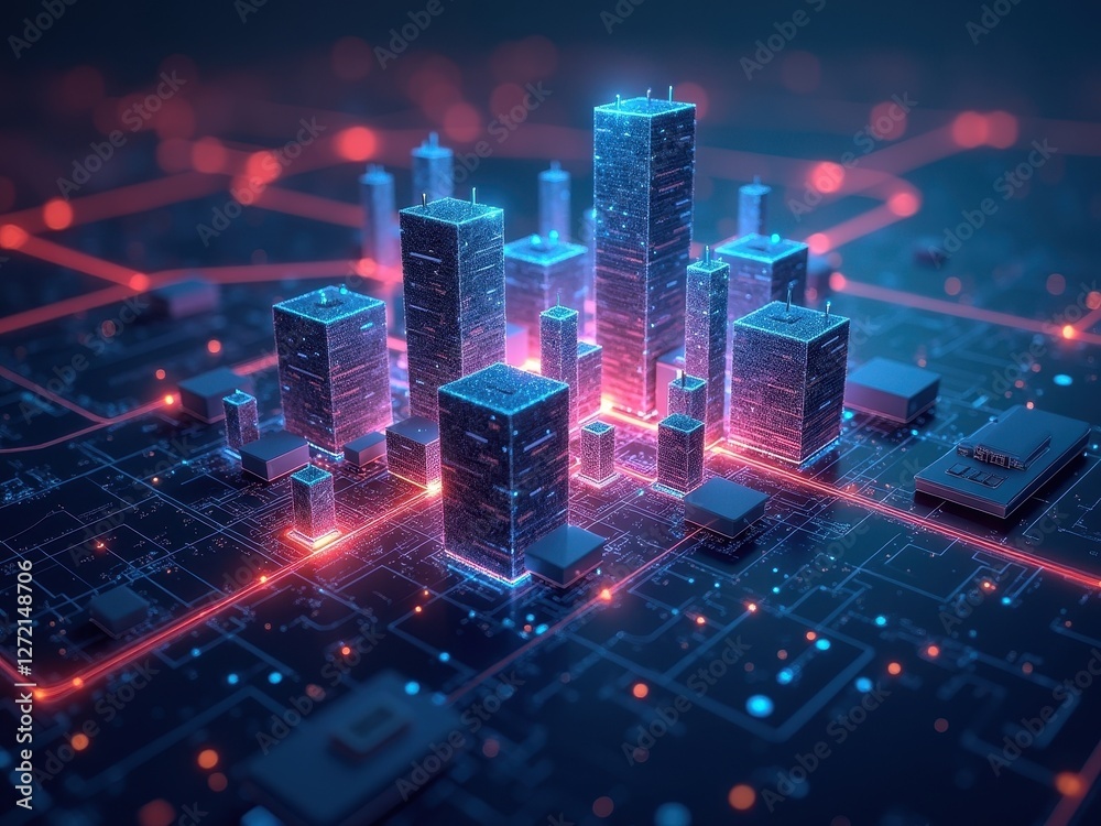 Obraz premium Digital cityscape representing blockchain technology with illuminated skyscrapers and interconnected networks demonstrating advanced connectivity