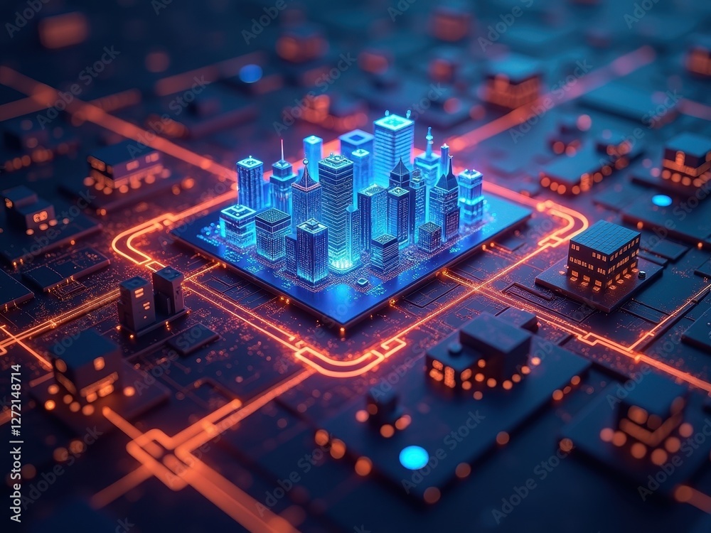 Obraz premium Blockchain technology powers an illuminated city model symbolizing digital innovation and its impact on urban development in a futuristic landscape