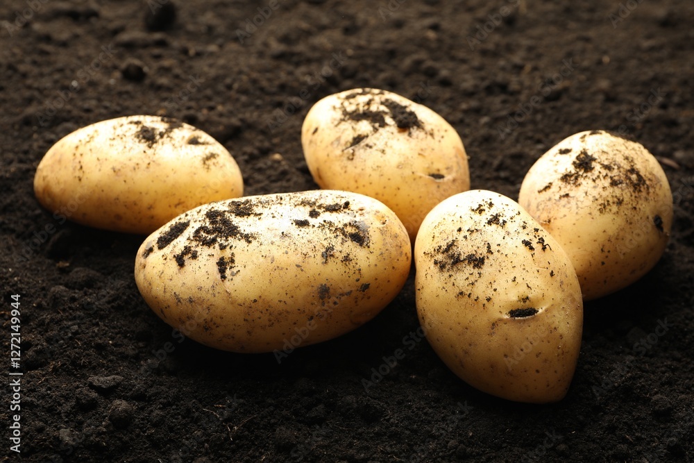 Many raw potatoes on soil, closeup. Root vegetable Many raw potatoes on soil, closeup. Root vegetable