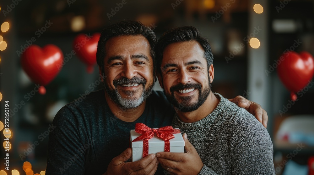 Obraz premium Happy middle-aged hispanic male couple sharing a hug with a Valentine's Day gift, with heart-shaped balloons in the background. Ideal for romantic and festive visuals.