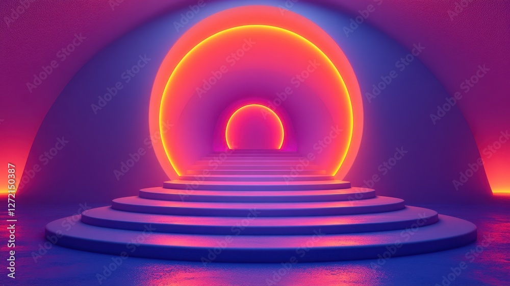 Obraz premium Vibrant Neon Archway with Circular Lights and Steps in Futuristic Space