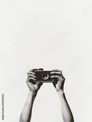 Minimalist Photography Concept with Hands Holding Vintage Camera on Empty Background