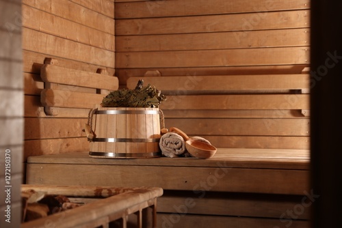 Bucket, whisk, ladle and towels on wooden bench in sauna
