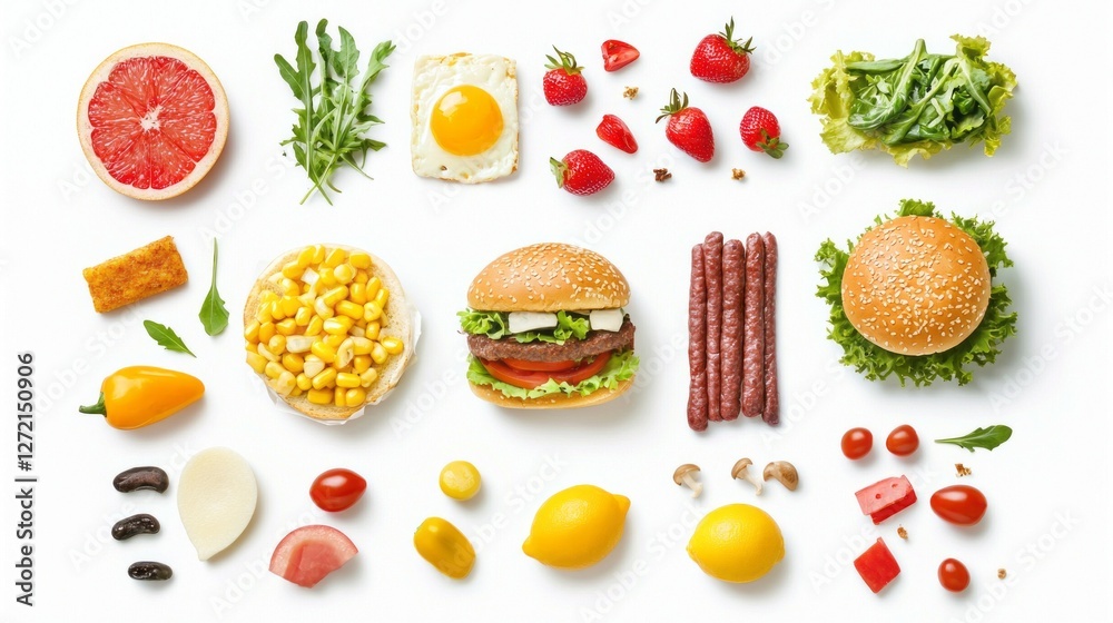Fototapeta premium An appealing setup features a variety of fresh fast food ingredients including burgers, salads, fruits, and condiments, all beautifully arranged on a clean white surface for a culinary delight