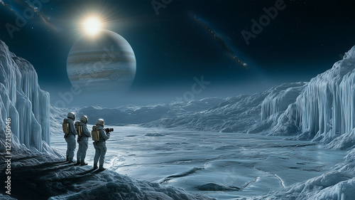 エウロパの氷の大地に立つ宇宙旅行者、輝くオーロラの幻想的な風景