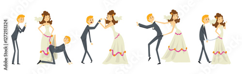 Funny Couple of Newlyweds with Weak Henpecked Groom Dominated by Bride Vector Set
