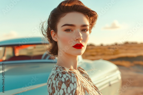 A woman in a retro dress and red lipstick stands near a vintage car photo