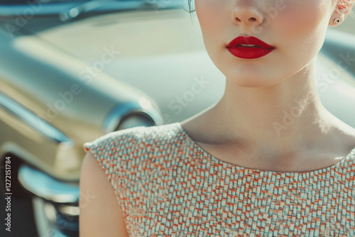 A woman in a retro dress and red lipstick stands near a vintage car photo
