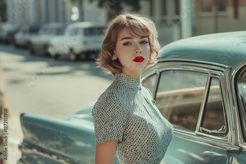 A woman in a retro dress and red lipstick stands near a vintage car photo