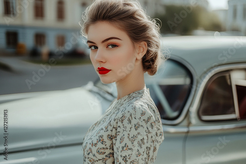 A woman in a retro dress and red lipstick stands near a vintage car photo