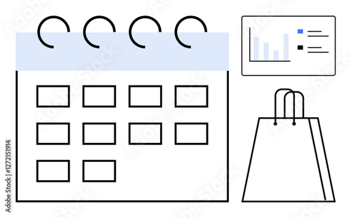 Calendar with several empty slots, shopping bag, and data analytics graph. Ideal for marketing, project planning, e-commerce, budgeting, time management retail analysis and business strategy. Line