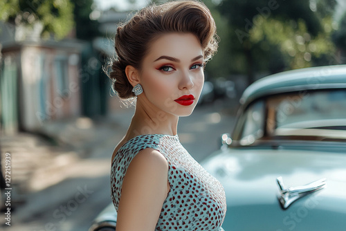 A woman in a retro dress and red lipstick stands near a vintage car photo