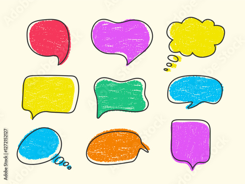 Playful collection of hand drawn speech thought bubbles in vibrant colors with crayon texture. Perfect for comics, children illustration, creative poster, social media graphic, digital design