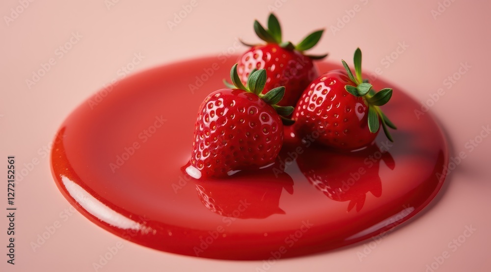 Ripe strawberries rest on a shiny red glaze, capturing a bright, appetizing moment against a soft-toned background. Ripe strawberries rest on a shiny red glaze, capturing a bright, appetizing moment against a soft-toned background.