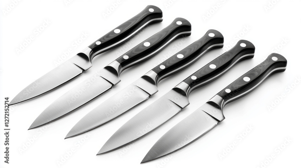 Obraz premium Crafted from high-quality steel, this set of kitchen knives showcases sleek blades and comfortable handles. Ideal for chefs and home cooks, they elevate food preparation in any kitchen setting