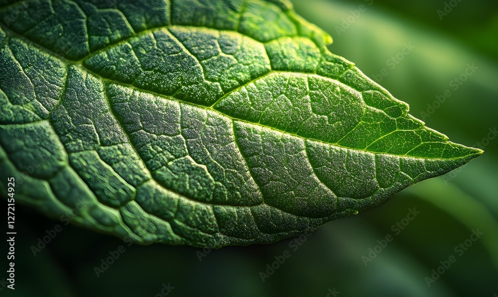 Close up view of vibrant green leaf highlighting intricate veining and texture details