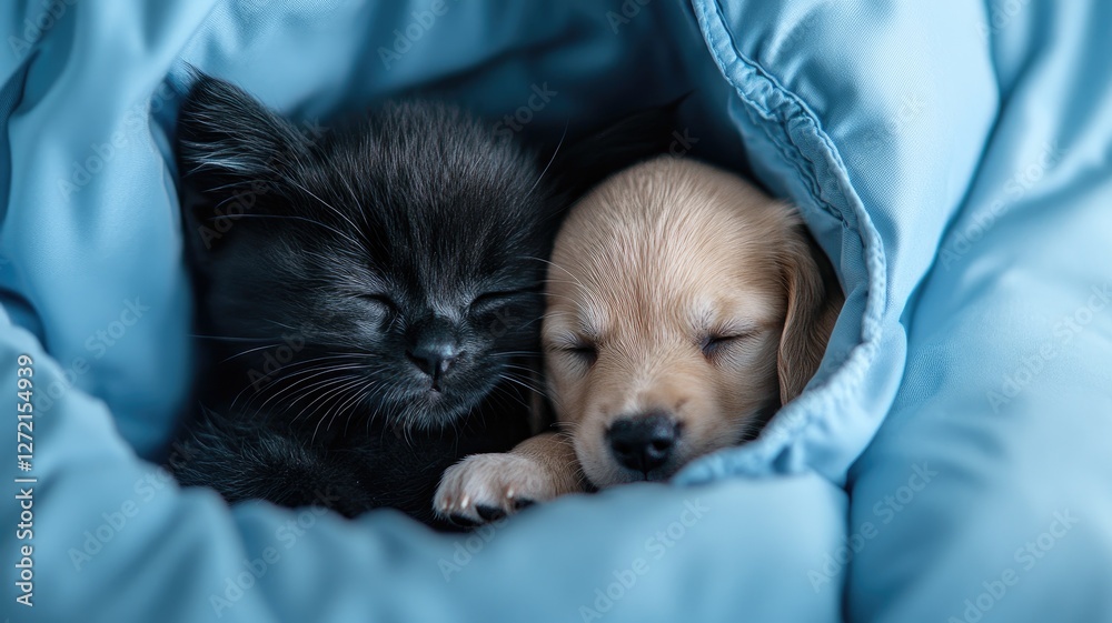 Black kitten and beige puppy cuddling while sleeping in blue blanket Black kitten and beige puppy cuddling while sleeping in blue blanket