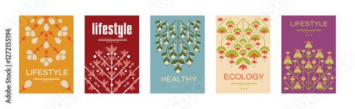Healthy Ecology and Lifestyle Card Design Template with Flora Vector Set
