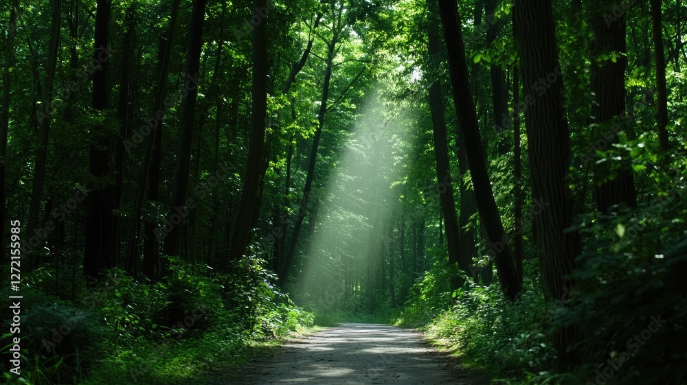 Obraz premium Sunlight streaming through dense forest trees along serene path