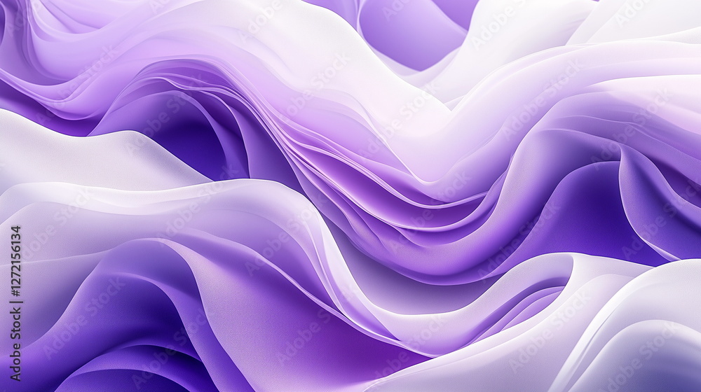 Fototapeta premium Abstract purple and white background with wavy shapes, flowing fabrics, light lilac, minimalist compositions, digital art techniques. Horizontal banner for media posts and presentations.