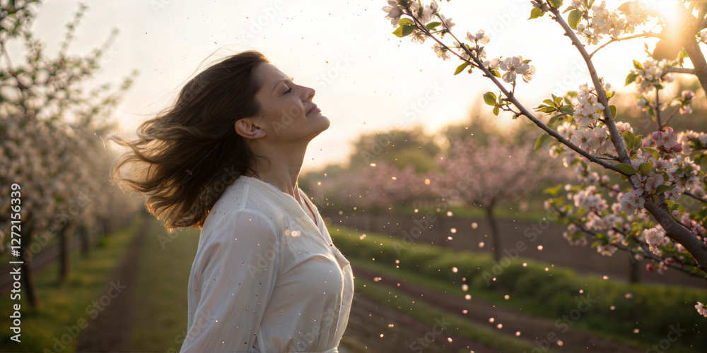 Smiling woman standing in blooming orchard enjoying warm sunlight and fresh air Smiling woman standing in blooming orchard enjoying warm sunlight and fresh air